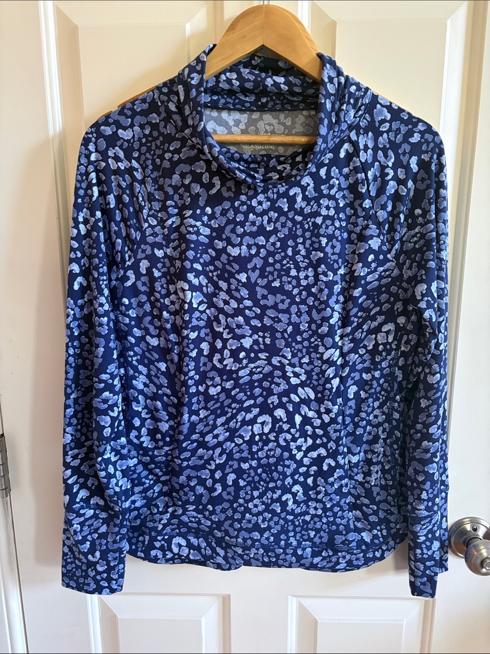 Tommy Bahama Navy and Light Blue Printed Long-Sleeve Cowl Top.
